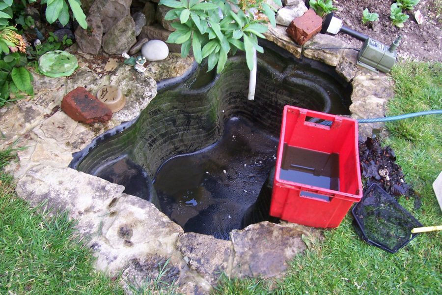 cleaning a small black pond